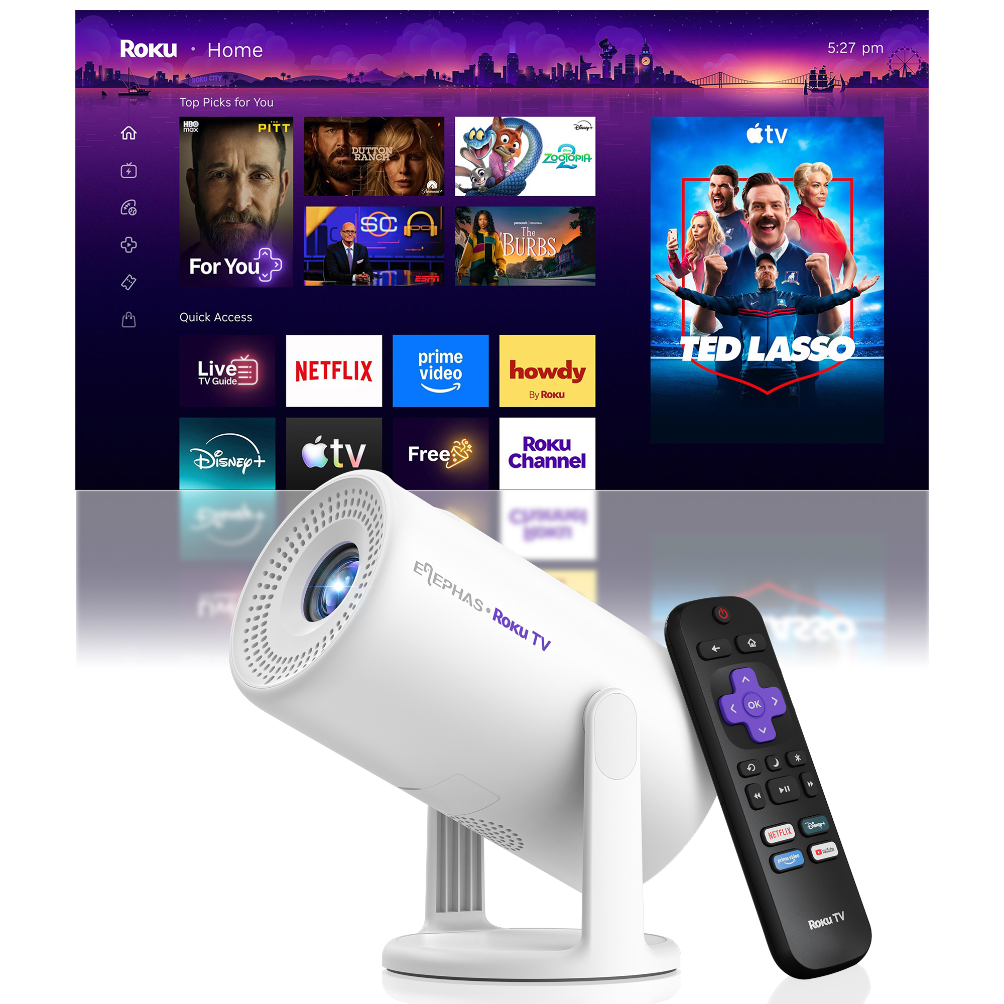 ELEPHAS Roku TV D211 smart projector with Roku remote and home screen