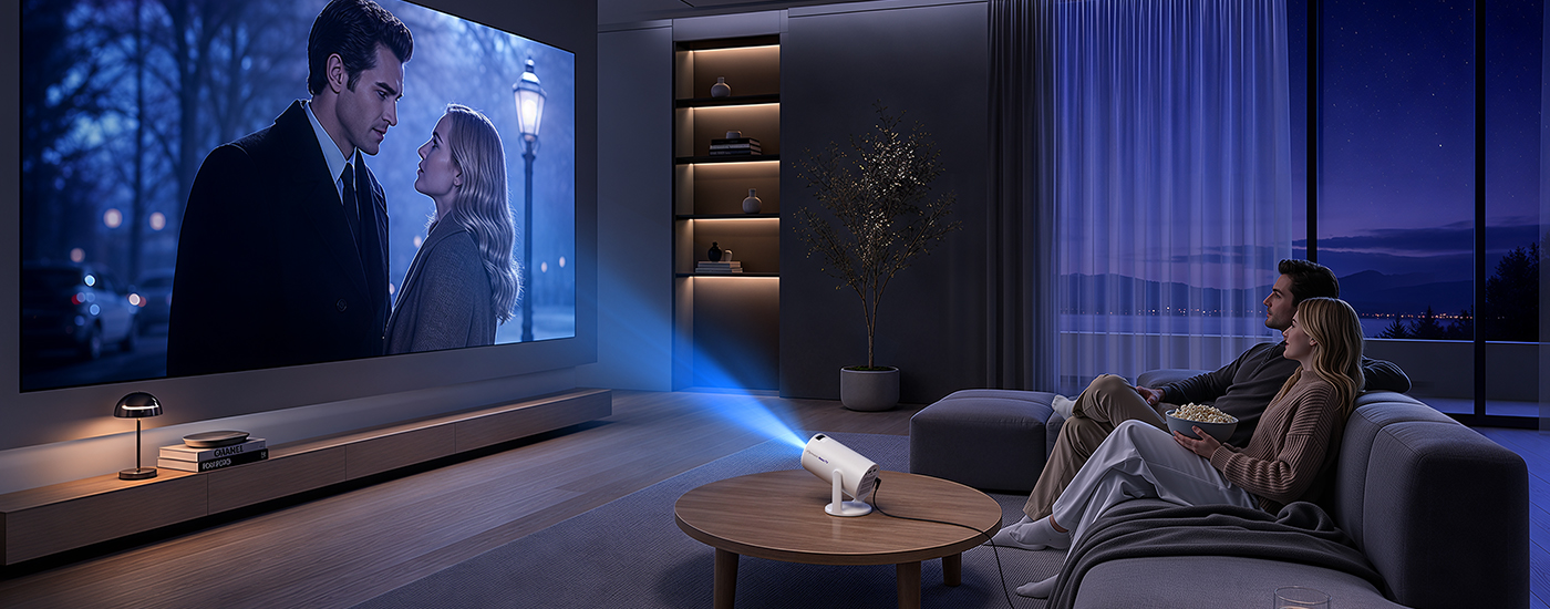 Couple watching a movie projected in a living room